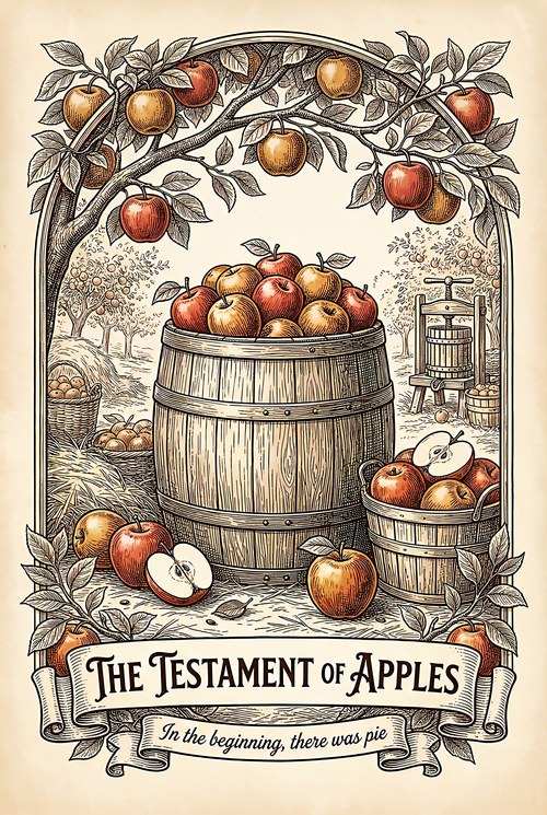 The Testament of Apples: full-colour opening illustration of an orchard, apple-filled barrels and leafy branches