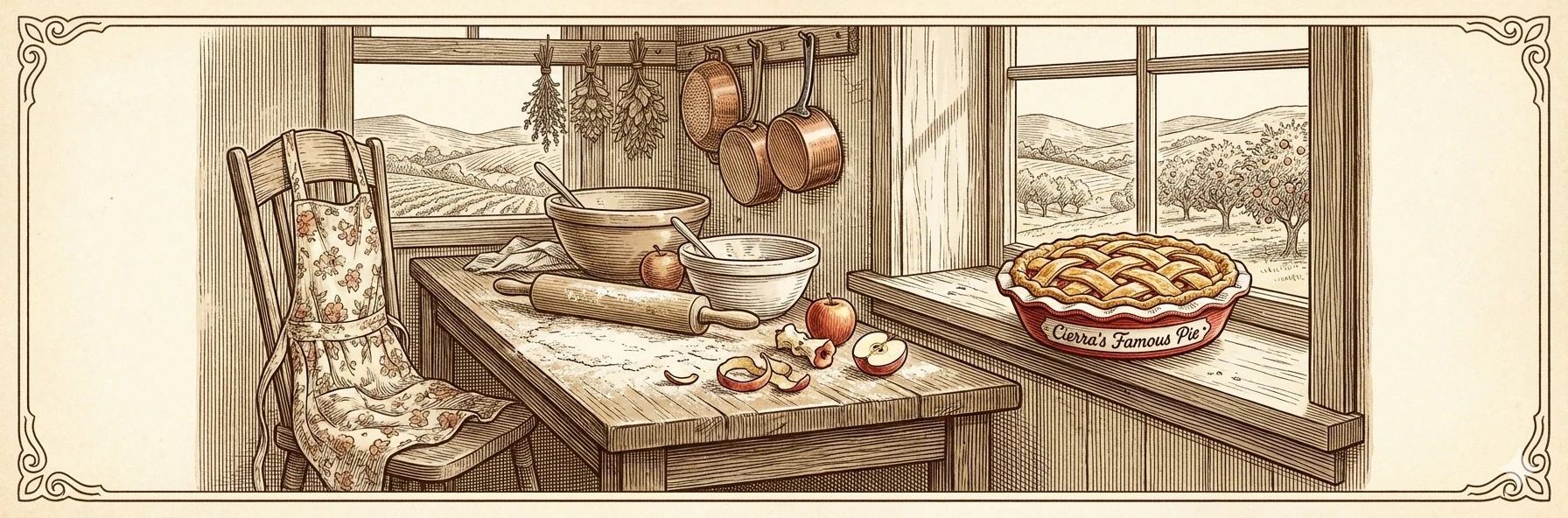 Vintage-style illustration of a warm country kitchen, with apples, mixing bowls and a pie cooling by the window