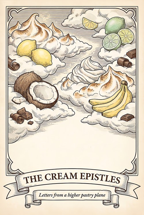 The Cream Epistles: full-colour opening illustration of meringue, citrus, chocolate, bananas and coconut among clouds of cream