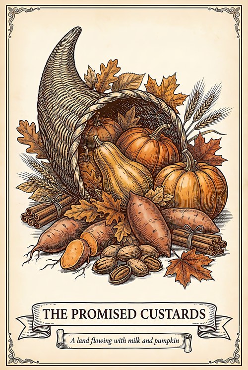 The Promised Custards: full-colour opening illustration of a harvest cornucopia with pumpkins, sweet potatoes, pecans and autumn leaves
