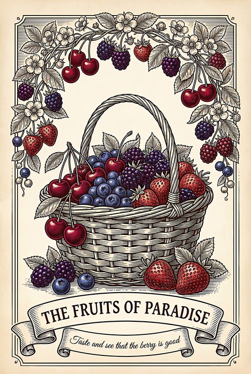 The Fruits of Paradise: full-colour opening illustration of a basket of cherries, blueberries, blackberries and strawberries