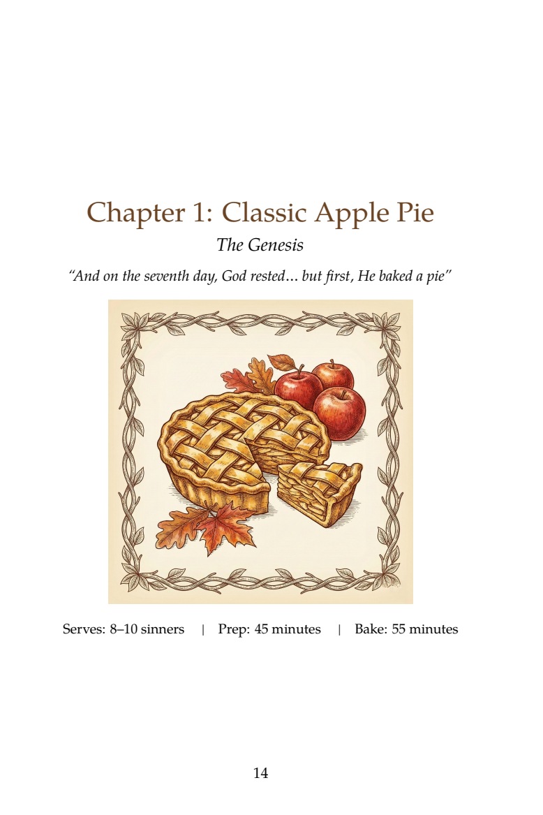 Actual Classic Apple Pie chapter opening, with illustration, serving size, prep and bake times