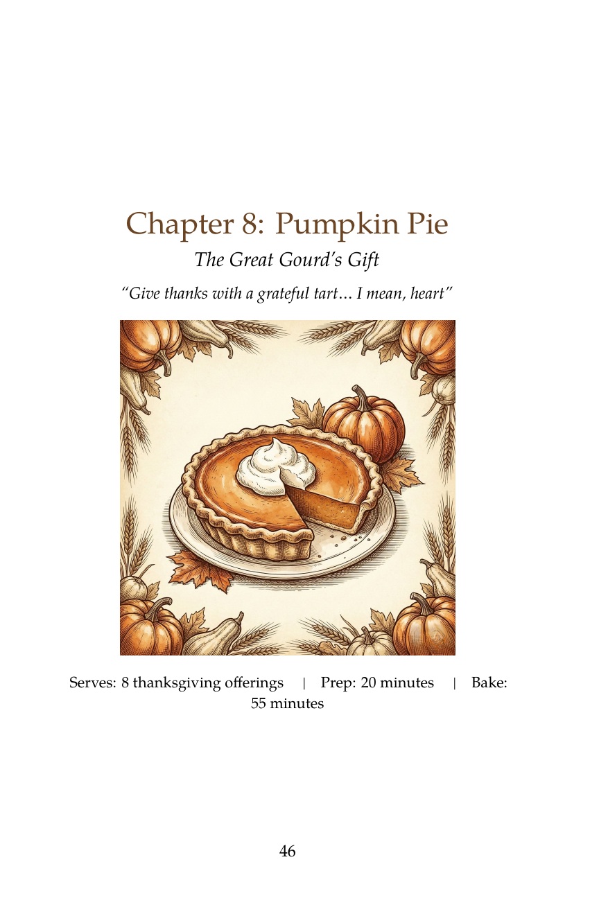 Actual Pumpkin Pie chapter opening, with the full-colour pie illustration, serving size, prep and bake times