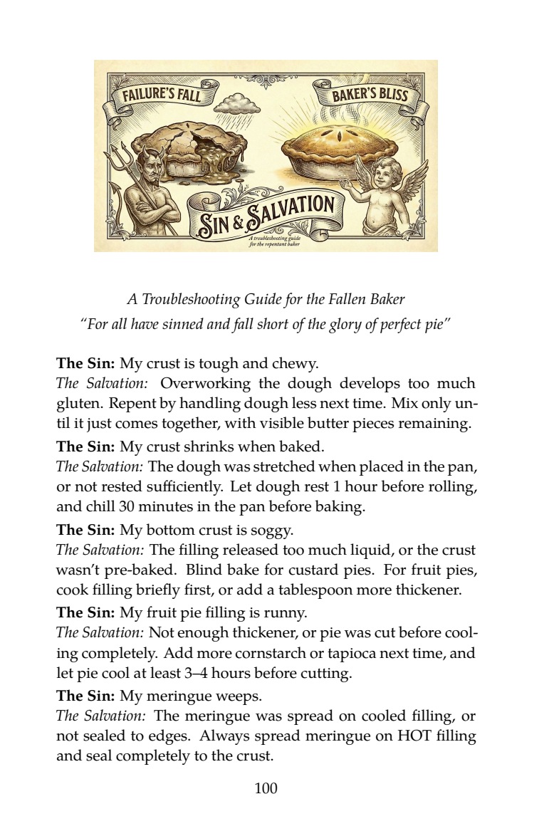 Actual Sin and Salvation troubleshooting page, with practical advice for tough crusts, shrinking pastry and runny filling