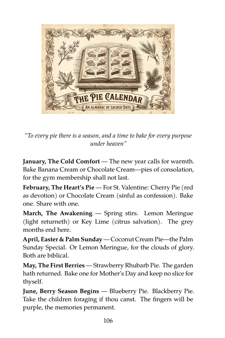 Actual Pie Calendar opening page, with an illustrated almanac and seasonal pie suggestions for January through June